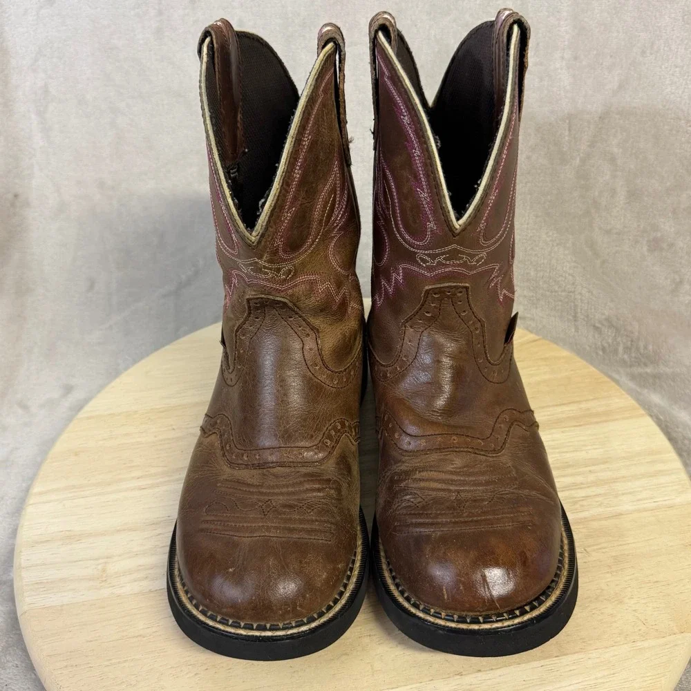Justin Gypsy Womens Brown Leather Western Cowgirl Boots Pink Stitch L9903 Sz. 9B